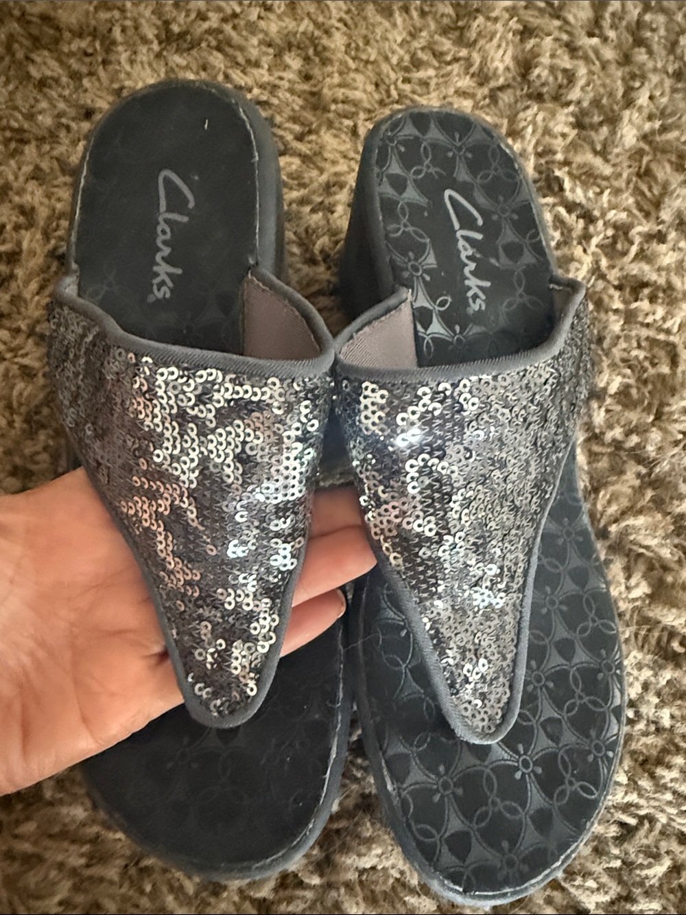 Clarks Women's Silver Sequin Slip-On Wedge Mules
